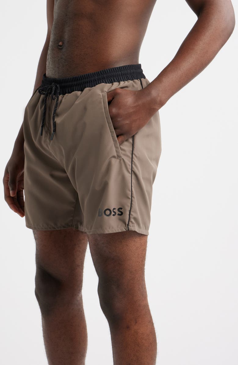 BOSS Starfish Volley Swim Trunks, Alternate, color, Medium Brown