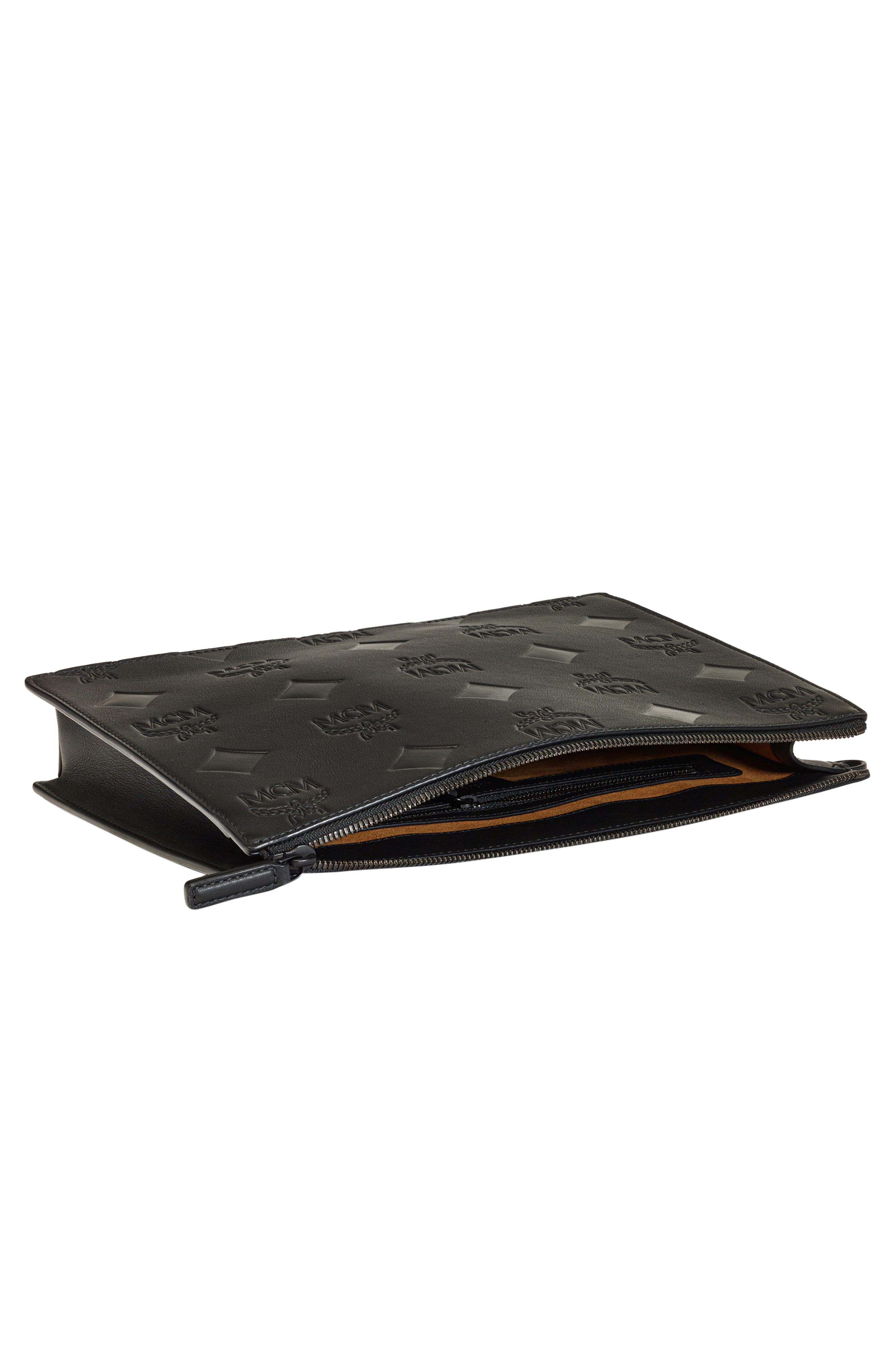 Maxi Aren Embossed Leather Wristlet Pouch, Alternate, color, BLACK