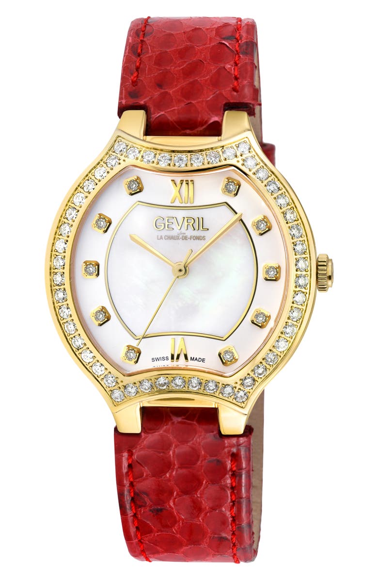 GEVRIL Lugano Diamond Croc Embossed Leather Strap Watch, 35mm, Main, color, Red