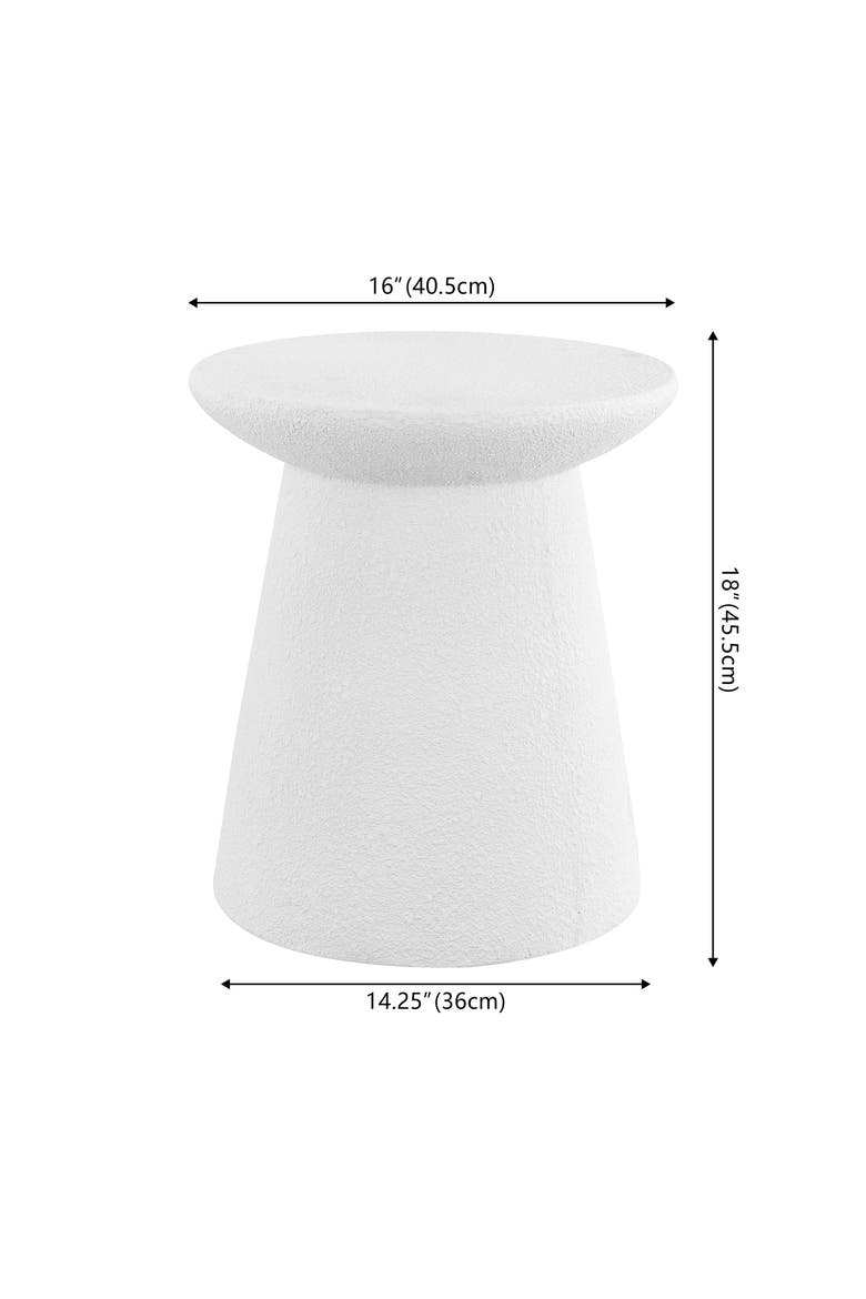 Hollie Minimalist Frosted Polyresin Indoor/Outdoor Accent Table, All-Weather Textured Round Pedestal Side Table & Stool, Alternate, color, White Frosted