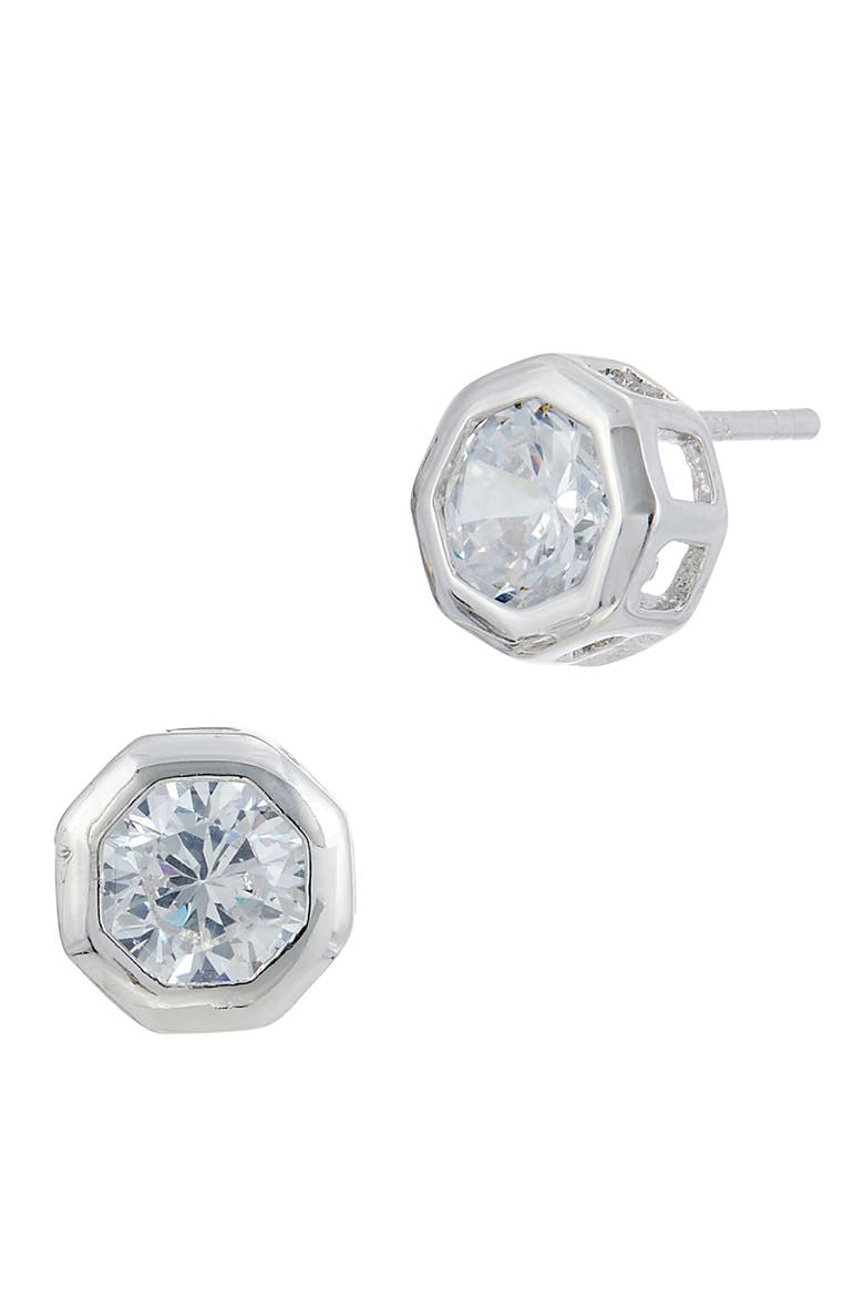 CZ Octagonal Stud Earrings, Main, color, SILVER
