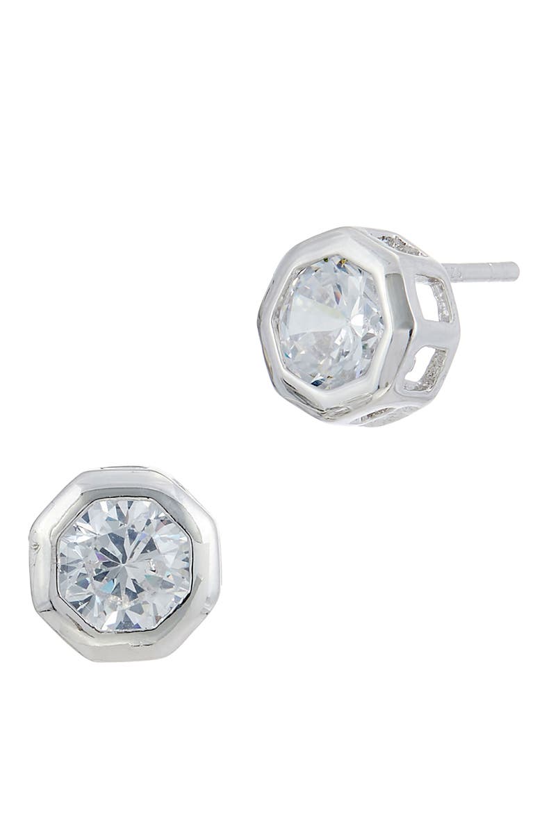 SAVVY CIE JEWELS CZ Octagonal Stud Earrings, Main, color, Silver