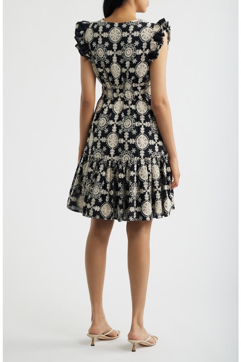 Ruffle V-Neck Cotton Dress, Alternate, color, ANNE BLACK/ IVORY