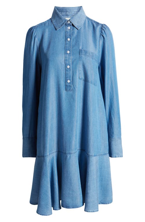 CASLON CASLON® FLOUNCE HEM LONG SLEEVE CHAMBRAY SHIRTDRESS