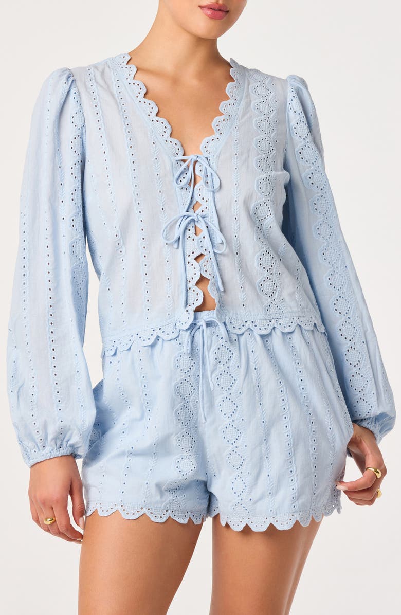 ASTR the Label Leah Tie Front Eyelet Top, Main, color, Light Blue