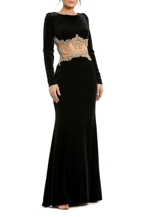 Long Sleeve Sheer Embellished Velvet Gown