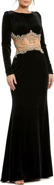 Mac Duggal Long Sleeve Sheer Embellished Velvet Gown