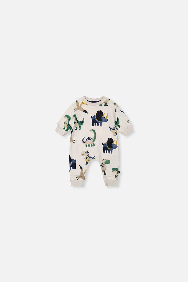 Fleece Dino Snap Closure Ribbed Cuffs Jumpsuit, Main, color, Beige Dinosaur Print