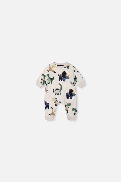 Fleece Dino Snap Closure Ribbed Cuffs Jumpsuit