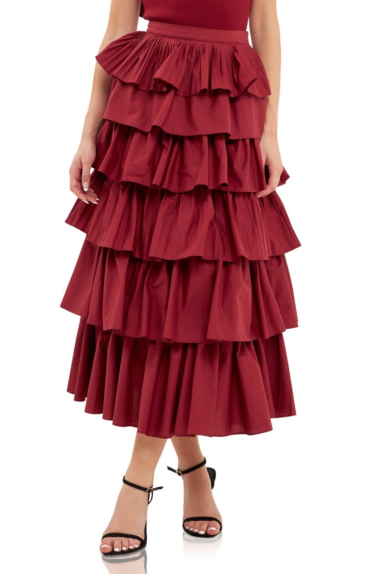 Pleated Tiered Maxi Skirt, Main, color, BURGUNDY