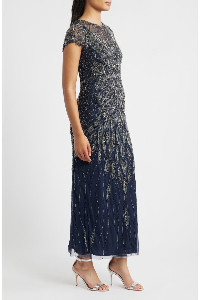 Beaded Cap Sleeve Column Gown, Alternate, color, NAVY