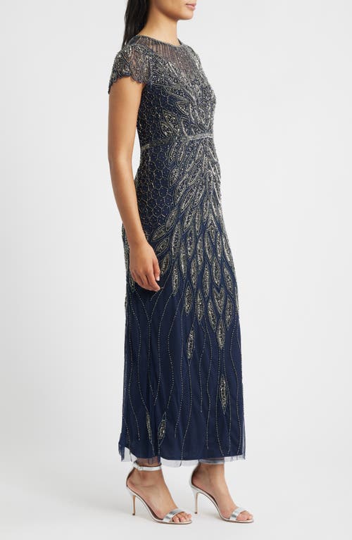 Pisarro Nights Beaded Cap Sleeve Column Gown In Blue