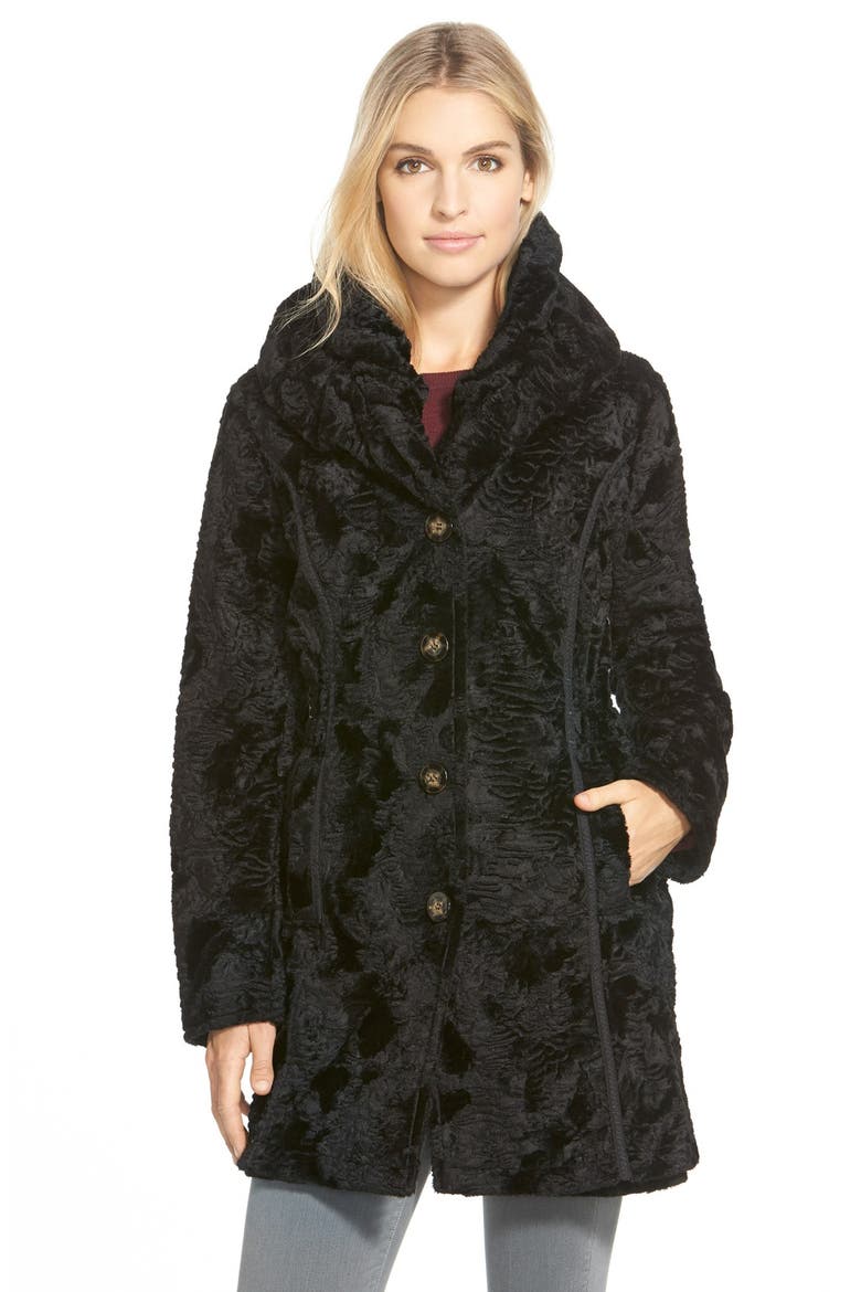 Laundry by Shelli Segal Reversible Faux Persian Lamb Fur Coat, Main, color, BLACK