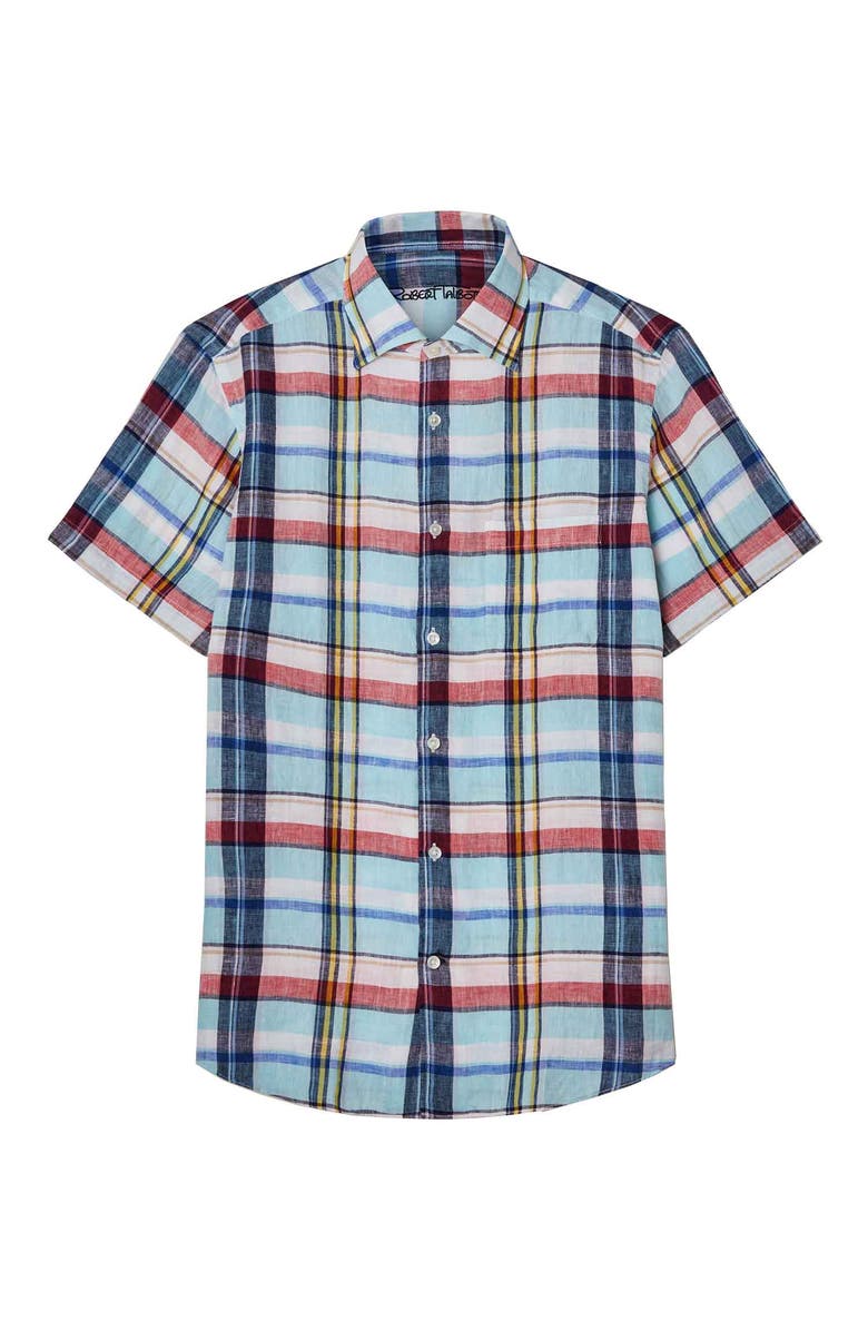 Robert Talbott Morgan Plaid Linen Short Sleeve Shirt, Main, color, Aqua Multi