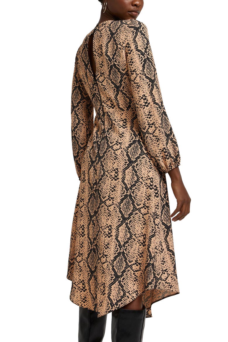 Long Sleeve Faux Wrap Midi Dress, Alternate, color, BROWN