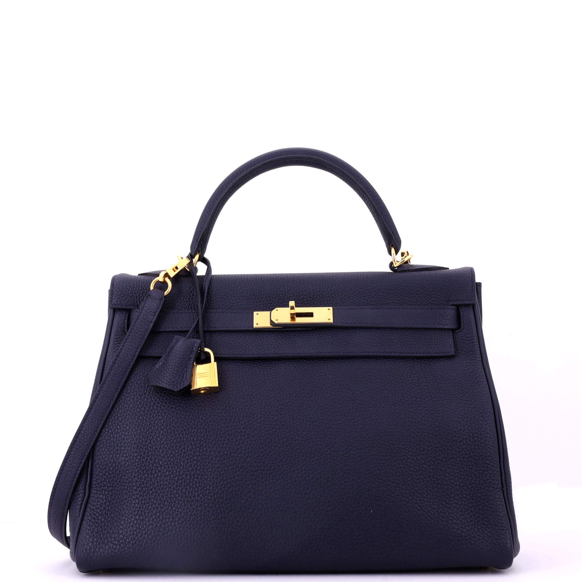 Pre-Owned Hermes Kelly Handbag Blue Clemence with Gold Hardware 32, Main, color, Bleu Nuit