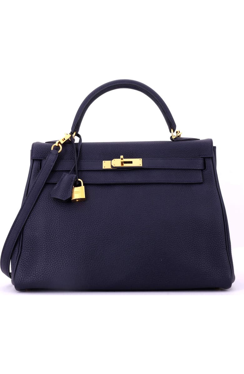 Pre-Owned Hermes Kelly Handbag Blue Clemence with Gold Hardware 32, Main, color, Bleu Nuit