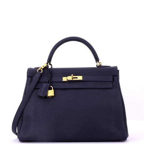 Kelly Handbag Blue Clemence with Gold Hardware 32