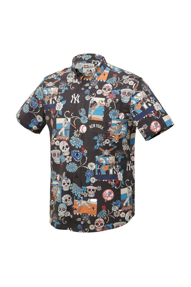 Men's Reyn Spooner Black New York Yankees Día De Los Muertos Tri-Blend Button-Down Shirt, Alternate, color, Black