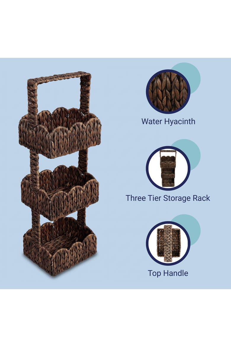 Terra Coastal Handwoven Water Hyacinth 3-Tier Scalloped Basket Freestanding Storage Tower Stand with Top Handle, Alternate, color, Brown
