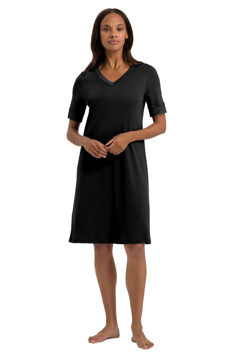Hanro Moments Short Sleeve V-Neck Cotton Nightgown, Alternate, color, 019 - Black