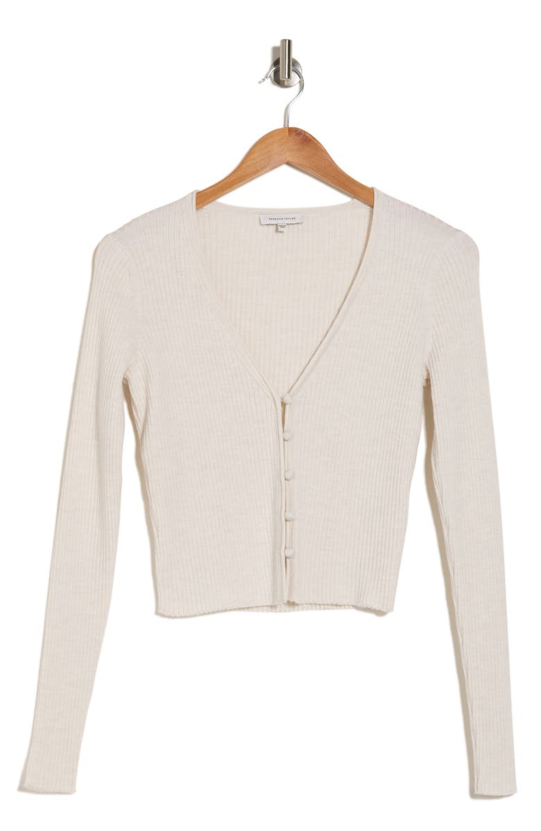 Rebecca Taylor Rib Merino Wool Blend Crop Cardigan Sweater, Alternate, color, Blanc Heather
