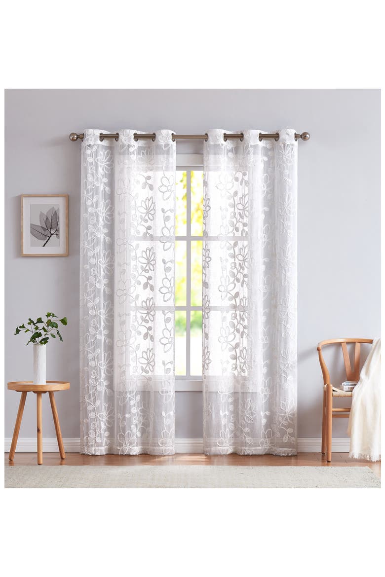 Rita Floral Set of 2 Sheer Panel Curtains, Main, color, WHITE