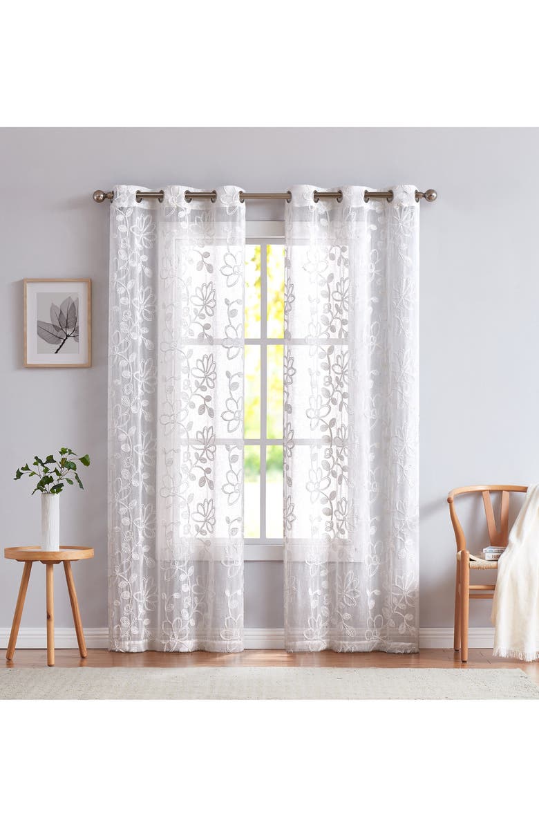 DAINTY HOME Rita Floral Set of 2 Sheer Panel Curtains, Main, color, White