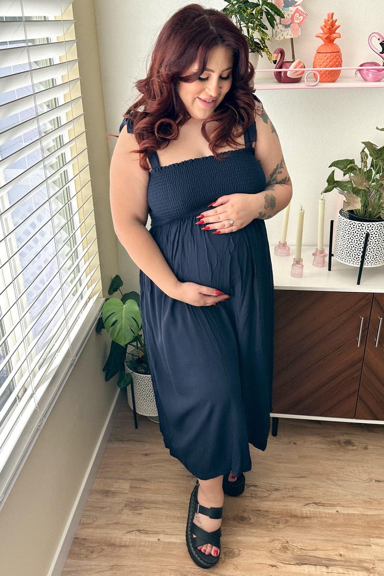 Smocked Tie Strap Midi Dress, Alternate, color, Navy Blue