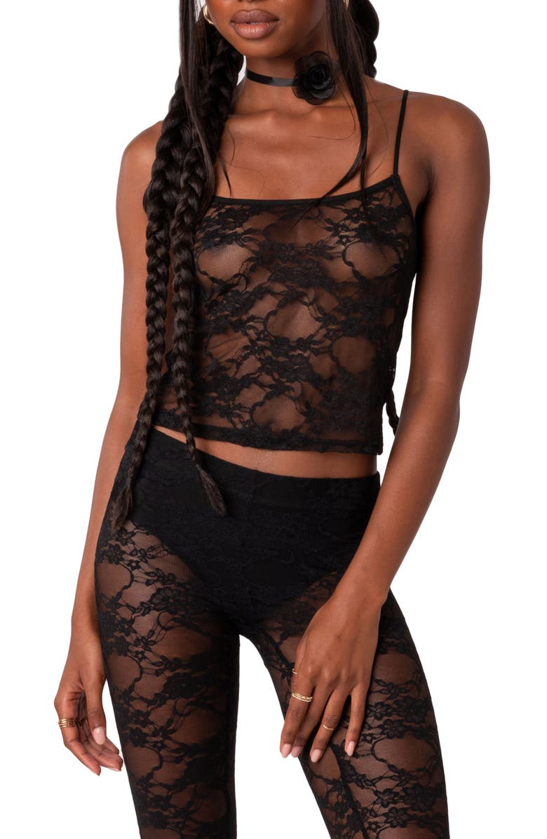 EDIKTED Gianna Sheer Lace Camisole, Main, color, Black
