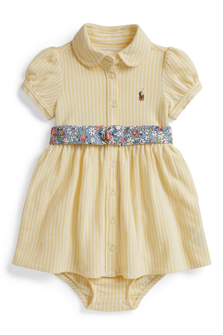 Oxford Stripe Cotton Piqué Belted Shirtdress & Bloomers, Main, color, WICKET YEL