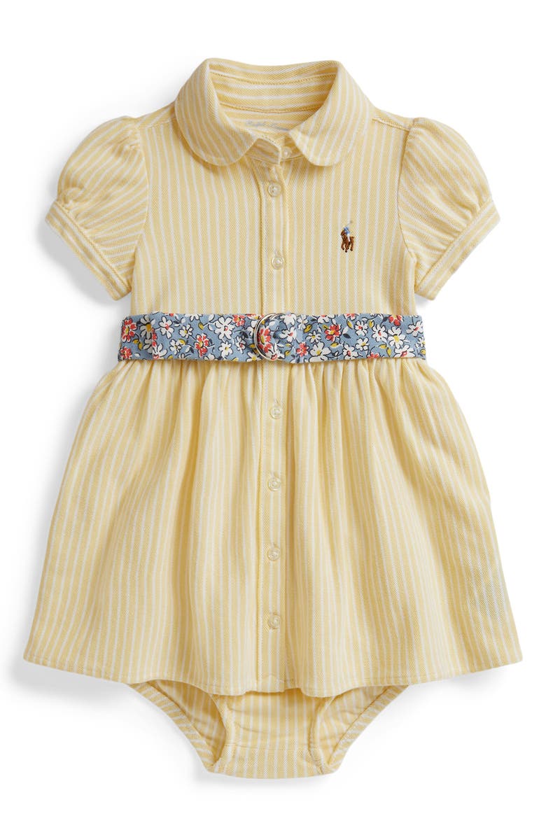 Ralph Lauren Oxford Stripe Cotton Piqué Belted Shirtdress & Bloomers, Main, color, Wicket Yellow Multi