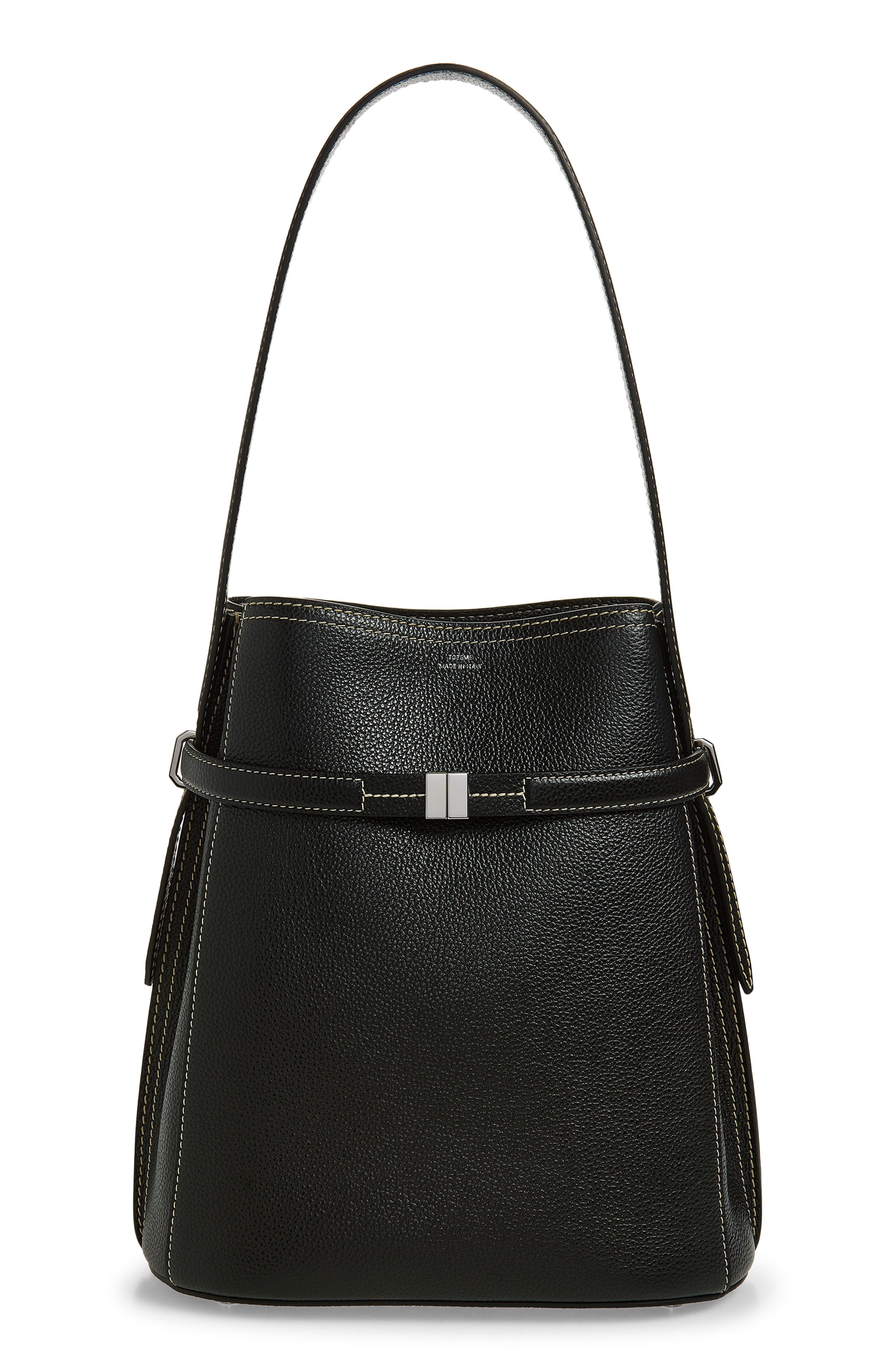 TOTEME Belted Grained Leather Bucket Bag, Main, color, Black