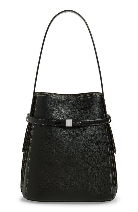 Belted Grained Leather Bucket Bag