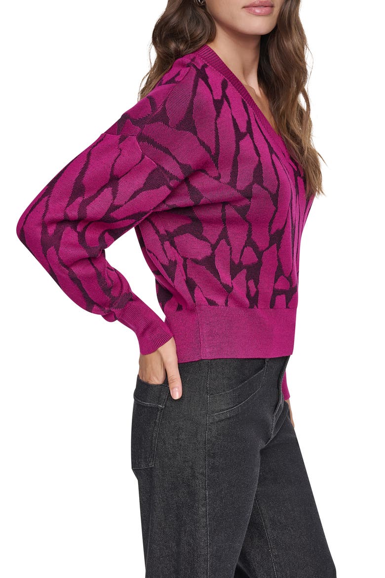 Jacquard V-Neck Sweater, Alternate, color, RASPBERRY