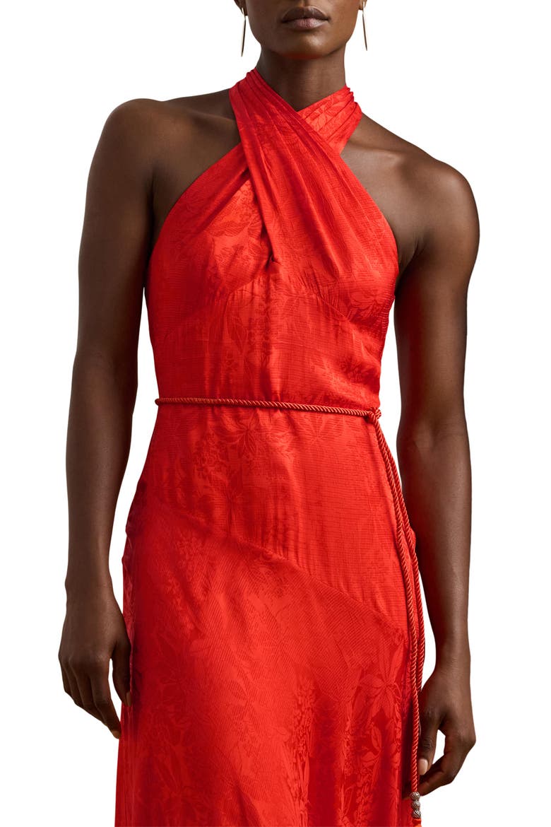 Floral Jacquard Belted Gown, Alternate, color, BRIGHT VERMILION