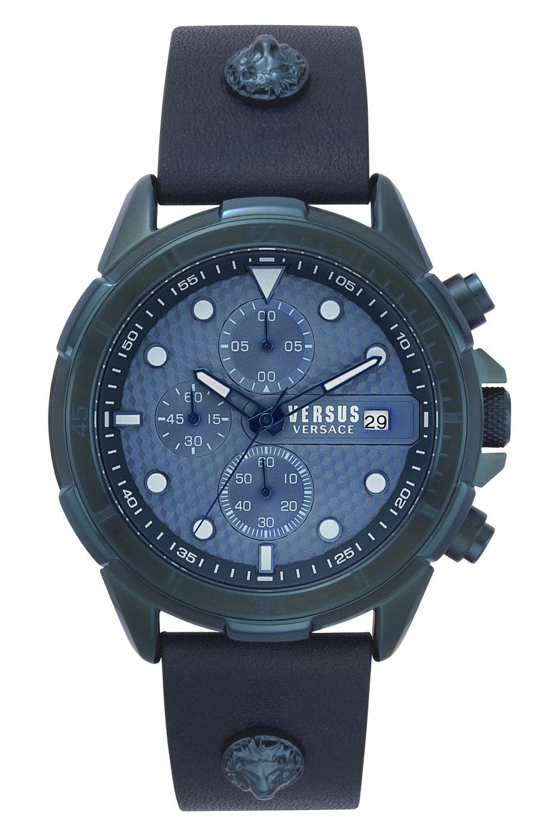 Arrondissement Chronograph Leather Strap Watch, 46mm, Main, color, BLUE