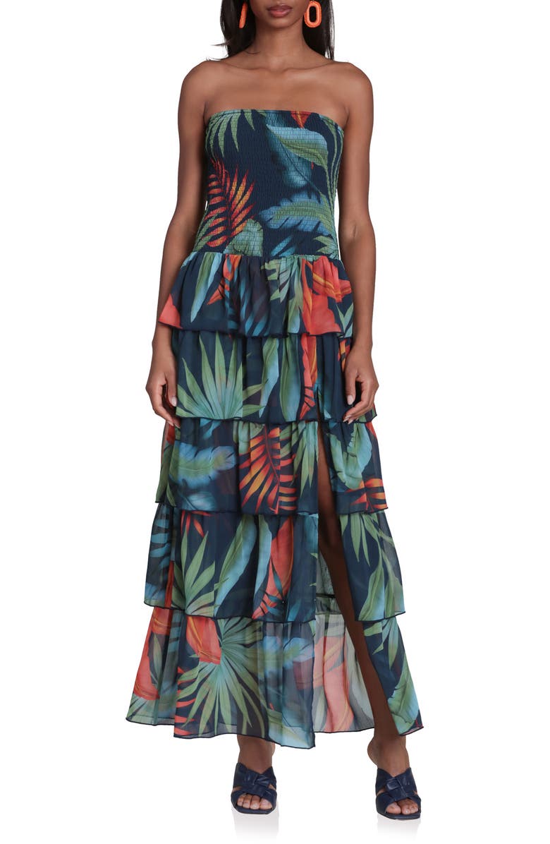 Avec Les Filles Mixed Print Strapless Tiered Maxi Dress, Main, color, Navy Birds Of Paradise