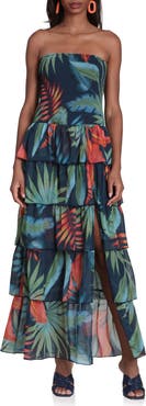 Avec Les Filles Mixed Print Strapless Tiered Maxi Dress