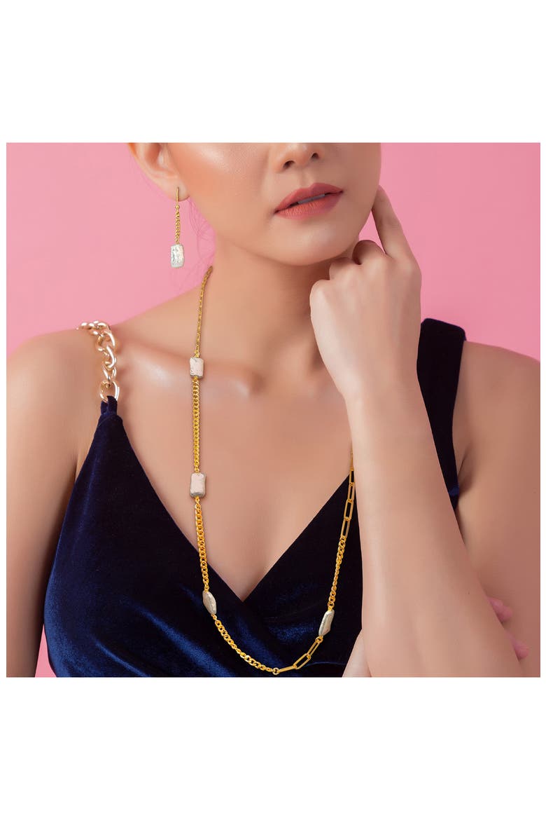 Cultured Freshwater Pearl Curb Chain Necklace & Earrings Set, Alternate, color, GOLD