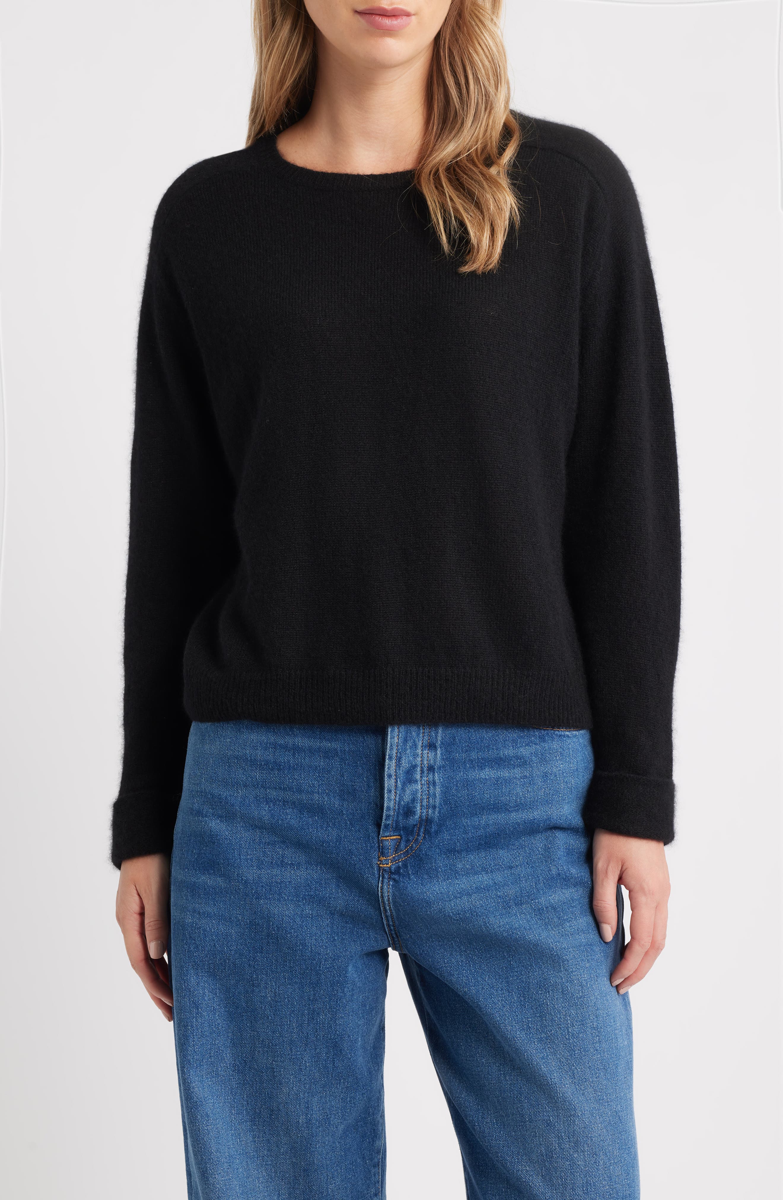 MARGARET O'LEARY Crewneck Rolled Cuff Cashmere & Silk Sweater in Black 