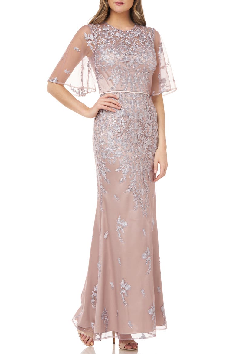 Floral Embroidered Evening Gown, Main, color, MINK/ NUDE