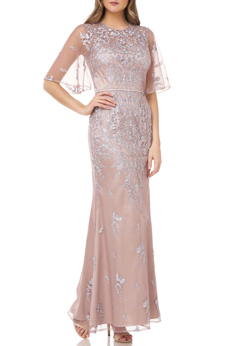JS Collections Floral Embroidered Evening Gown, Main, color,