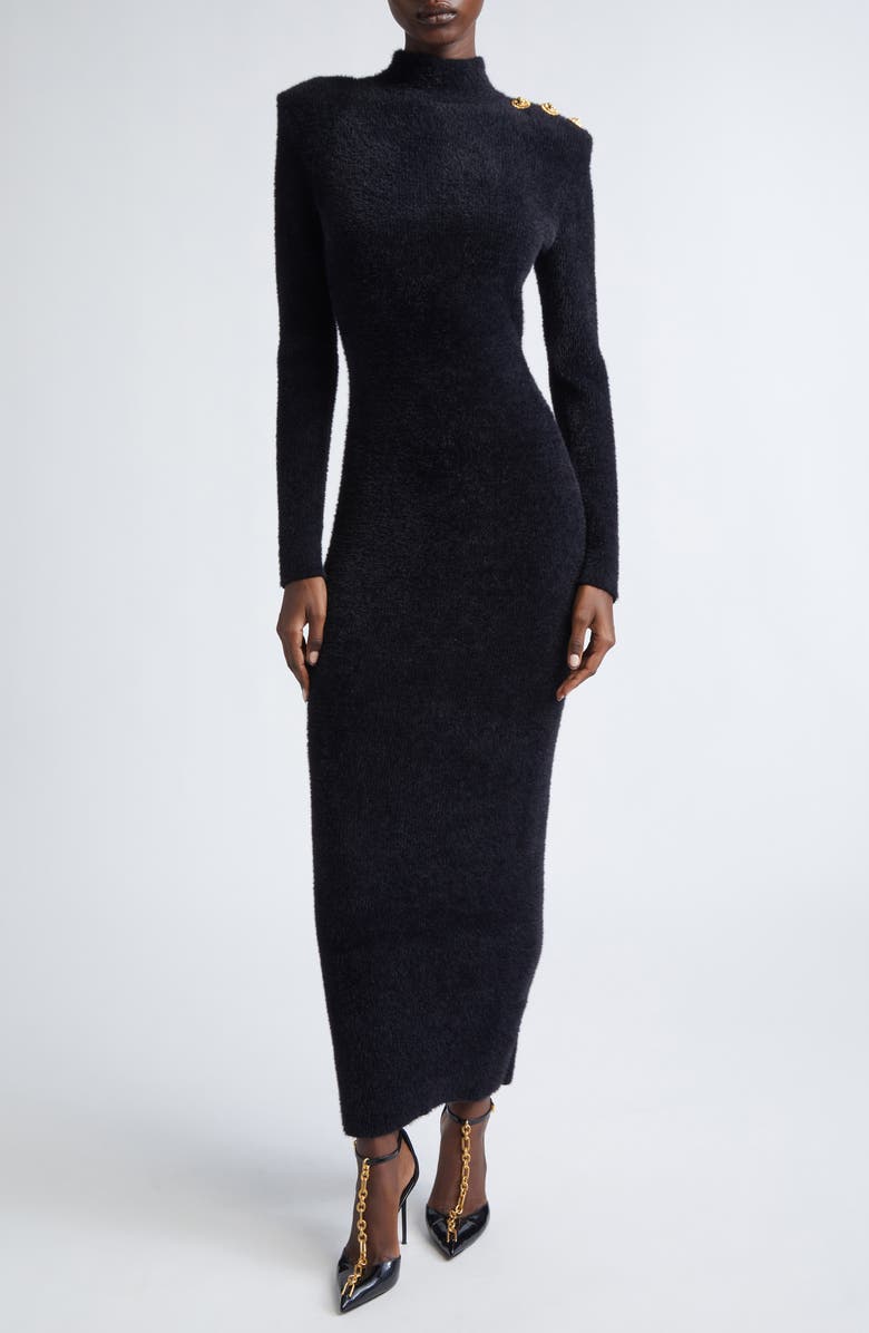 Balmain Button Detail Open Back Long Sleeve Bouclé Dress, Main, color, 0Pa Black