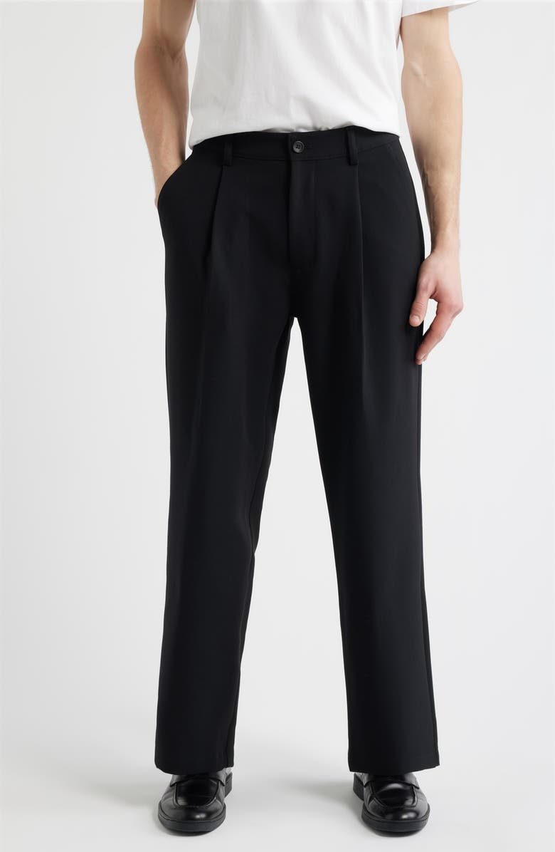 Open Edit Relaxed Pleated Stretch Twill Pants, Main, color, Black