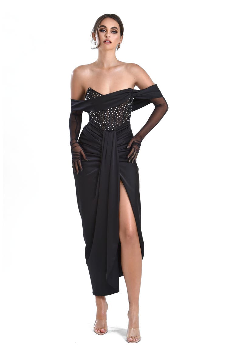 Stella Off Shoulder Crystal Corset Satin Gown, Main, color, Black