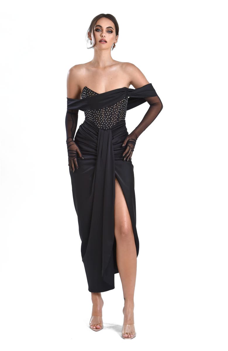 Miss Circle Stella Off Shoulder Crystal Corset Satin Gown, Main, color, Black