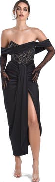 Miss Circle Stella Off Shoulder Crystal Corset Satin Gown