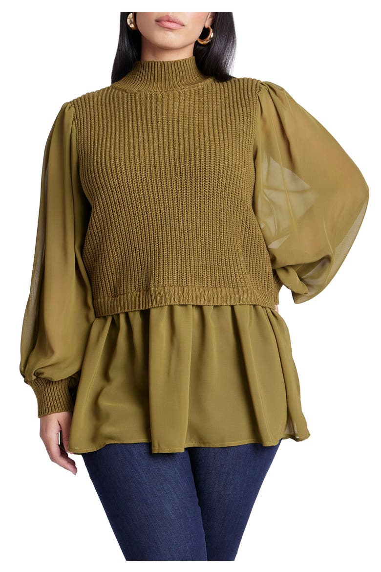 Twofer Sweater With Chiffon, Main, color, FIR GREEN
