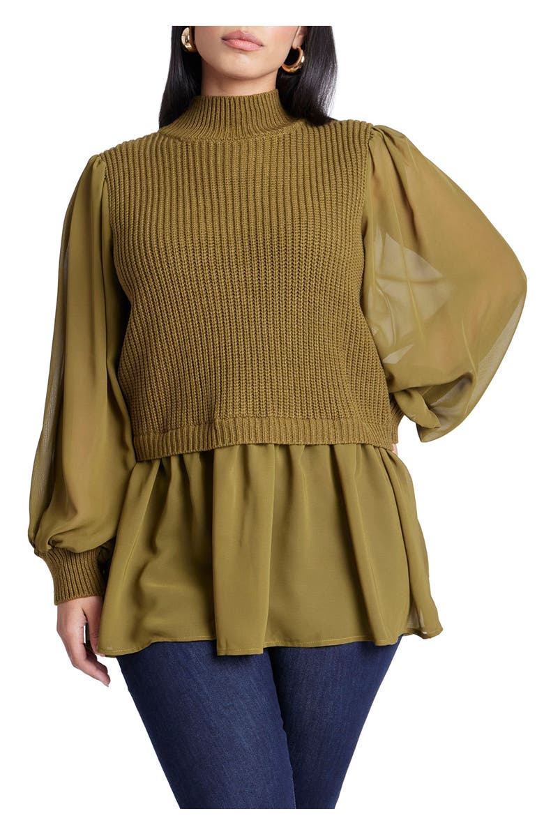 ELOQUII Twofer Sweater With Chiffon, Main, color, Fir Green